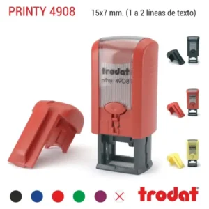 Sello automático Trodat Printy 4908 de 15x7 mm con tapa de protección y colores de carcasa negro rojo y amarillo