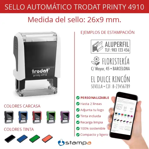 Trodat Printy 4910 · 26×9 mm · Sello Automático Pequeño 3 Características del sello automático Trodat Printy 4910 de 26x9 mm hasta 2 líneas con colores de carcasa y tinta disponibles