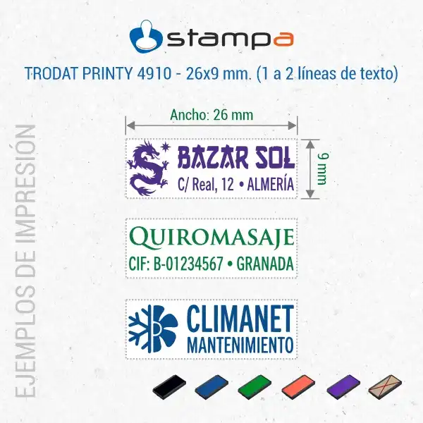 Trodat Printy 4910 · 26×9 mm · Sello Automático Pequeño 6 Ejemplos de sello automático Trodat Printy 4910 de 26x9 mm con logotipo y dos líneas para bazar centro de quiromasaje y empresa de climatización