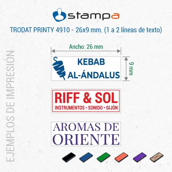 Trodat Printy 4910 · 26×9 mm · Sello Automático Pequeño 5 Ejemplos de sello automático Trodat Printy 4910 de 26x9 mm con dos líneas para restaurante tienda de instrumentos y perfumería