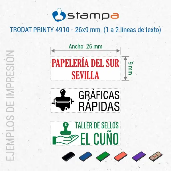 Trodat Printy 4910 · 26×9 mm · Sello Automático Pequeño 4 Ejemplos de impresión del sello automático Trodat Printy 4910 de 26x9 mm con dos líneas para papelería imprenta y taller de sellos