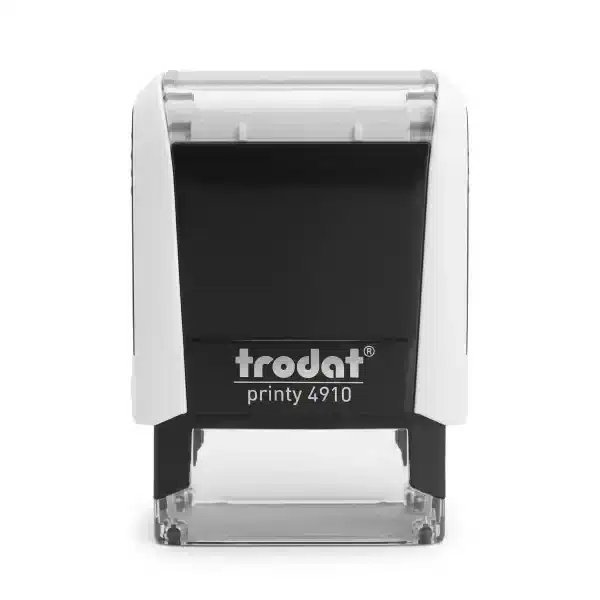 Trodat Printy 4910 · 26×9 mm · Sello Automático Pequeño 2 Vista frontal del sello automático Trodat Printy 4910 de 26x9 mm en carcasa blanca con visor superior transparente