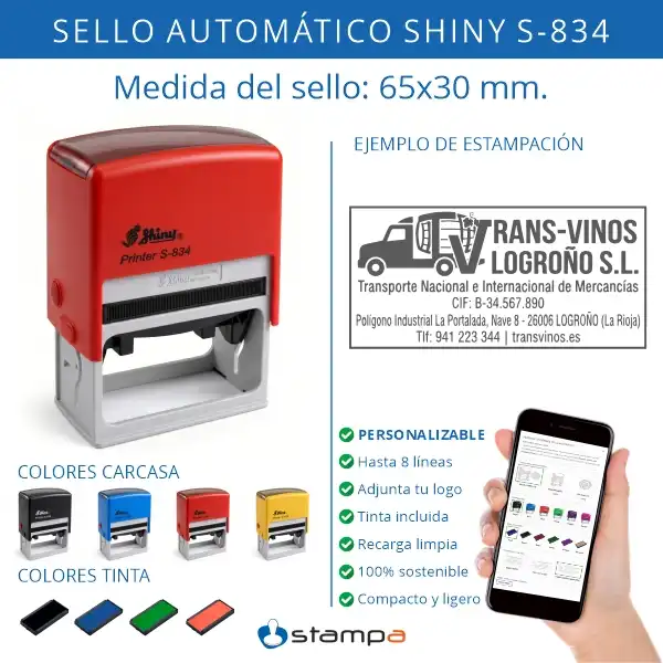 Shiny S-834 - 65x30 mm. | Sello Automático Rectangular 3 Características del sello automático Shiny S-834 rectangular 65×30 mm personalizable con logo hasta 8 líneas tinta incluida