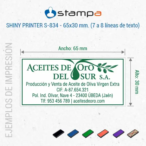 Shiny S-834 - 65x30 mm. | Sello Automático Rectangular 4 Ejemplo de sello automático Shiny S-834 de 65×30 mm con logotipo y datos completos de empresa en 5 líneas