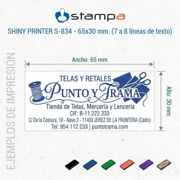 Shiny S-834 - 65x30 mm. | Sello Automático Rectangular 5 Ejemplo de sello automático Shiny S-834 de 65×30 mm con logotipo en azul y datos de empresa de Jerez de la Frontera