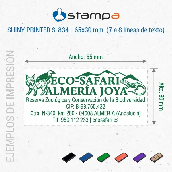 Shiny S-834 - 65x30 mm. | Sello Automático Rectangular 6 Ejemplo de impresión sello Shiny S-834 mostrando dimensiones 65×30 mm con logotipo y datos completos de empresa