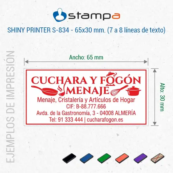 Shiny S-834 - 65x30 mm. | Sello Automático Rectangular 7 Ejemplo de sello rectangular Shiny S-834 de 65×30 mm con logotipo en rojo y bloque de datos de empresa de menaje