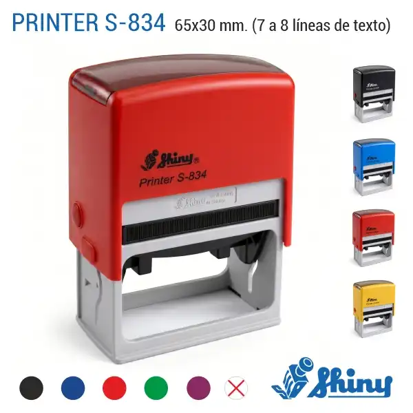 Shiny S-834 - 65x30 mm. | Sello Automático Rectangular 1 Sello automático rectangular Shiny S-834 de 65×30 mm personalizado con colores disponibles Alt text: Sello automático rectangular Shiny S-834 de 65×30 mm personalizado con colores de carcasa negro azul rojo y amarillo