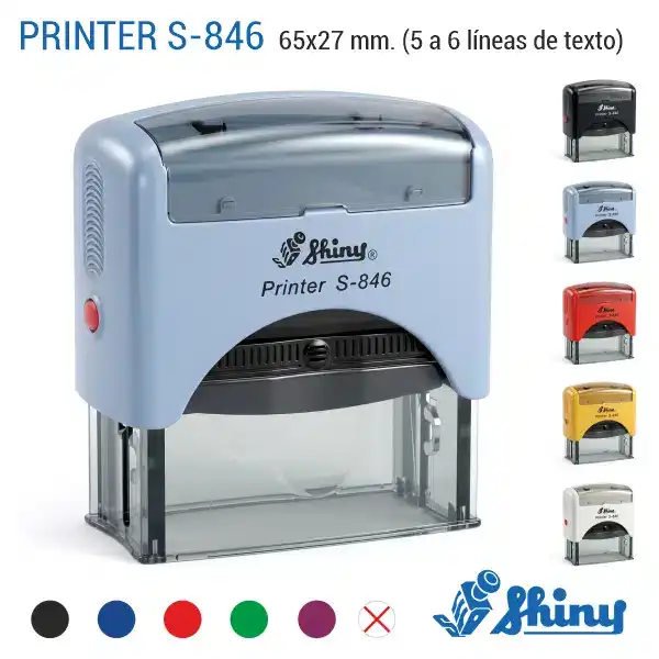 Shiny S846 – 65×27 mm. Sello Automático Personalizado 1 Sello automático Shiny Printer S-846 de 65x27 mm en carcasa azul con 5 colores disponibles negro, azul, rojo, amarillo y blanco y 7 colores de tinta