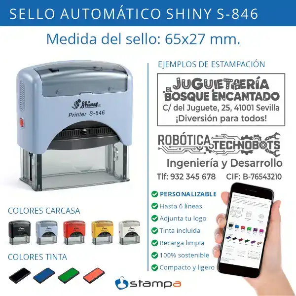 Shiny S846 – 65×27 mm. Sello Automático Personalizado 3 Infografía del sello automático Shiny S-846 de 65x27 mm formato alargado: personalizable hasta 6 líneas, logotipo, 5 colores de carcasa, tinta incluida y recarga limpia