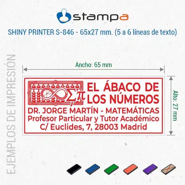 Shiny S846 – 65×27 mm. Sello Automático Personalizado 4 Ejemplo de sello Shiny S-846 de 65x27 mm para academia de matemáticas con logotipo de símbolos matemáticos, nombre del profesor, actividad y dirección en tinta roja
