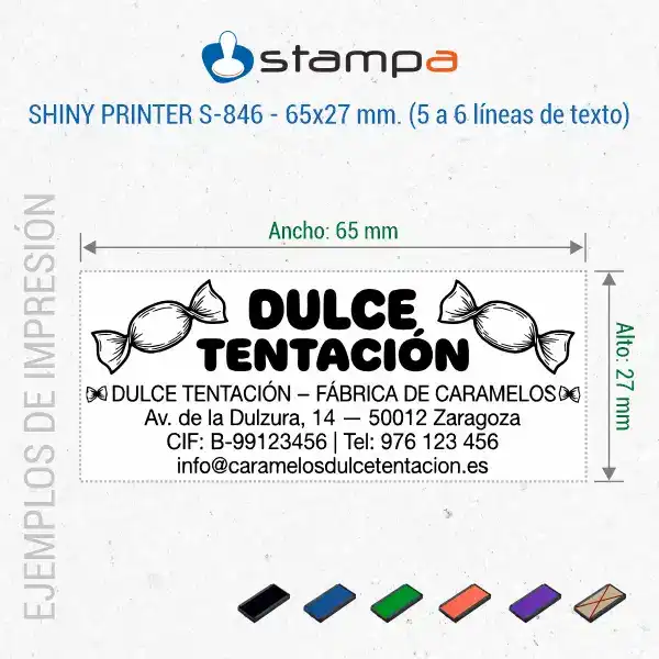 Shiny S846 – 65×27 mm. Sello Automático Personalizado 5 Ejemplo de sello Shiny S-846 de 65x27 mm para fábrica de caramelos con nombre grande, actividad, dirección, CIF, teléfono y email en tinta negra