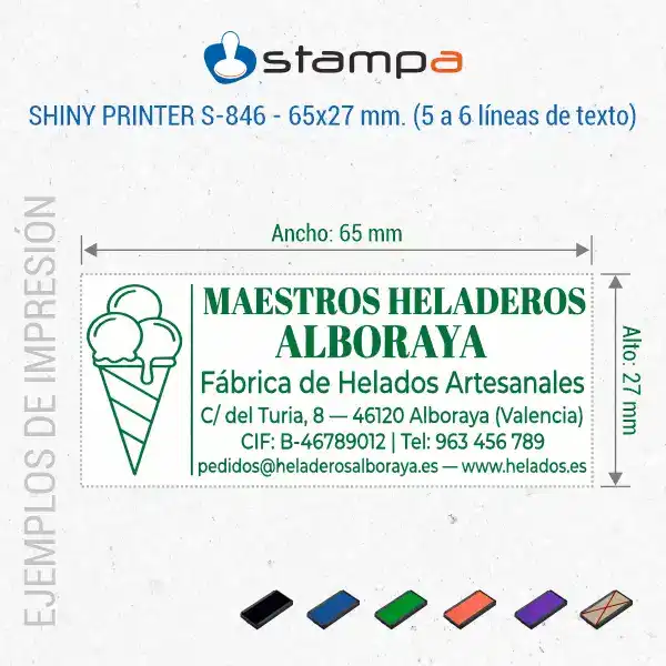 Shiny S846 – 65×27 mm. Sello Automático Personalizado 6 Ejemplo de sello Shiny S-846 de 65x27 mm para fábrica de helados artesanales con logo de cucurucho, nombre, actividad, dirección, CIF, teléfono y web en tinta verde