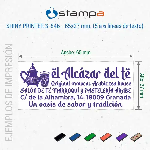 Shiny S846 – 65×27 mm. Sello Automático Personalizado 7 Ejemplo de estampación del sello Shiny S-846 de 65x27 mm para salón de té marroquí con logotipo árabe, nombre, actividad, dirección y eslogan en tinta violeta