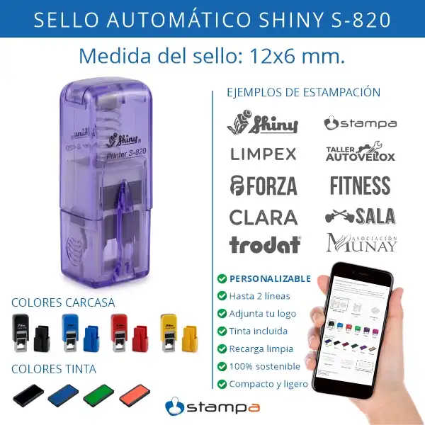 Shiny S-820 · 12×6 mm · Sello Mini con Tapa 3 Infografía del sello automático mini Shiny S-820 de 12x6 mm: hasta 2 líneas, logo, gran surtido de colores, tinta incluida y compacto