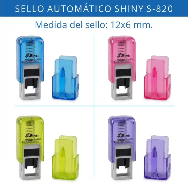 Shiny S-820 · 12×6 mm · Sello Mini con Tapa 4 Sello automático mini Shiny S-820 de 12x6 mm en los cuatro colores transparentes disponibles azul, rosa, verde lima y violeta cada uno con su tapa