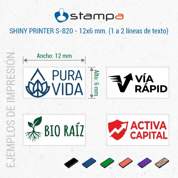 Cuatro ejemplos de estampación del sello automático mini Shiny S-820 de 12x6 mm mostrando el formato icono + nombre. Arriba izquierda: icono de flor de loto con nombre de marca en dos líneas en tinta azul. Arriba derecha: icono de flecha con nombre de servicio en tinta negra. Abajo izquierda: icono de brote vegetal con nombre de empresa ecológica en tinta verde. Abajo derecha: icono de escudo con nombre de empresa financiera en tinta roja. Todos muestran la composición estándar del S-820 para sello de marca: icono a la izquierda y nombre en dos líneas a la derecha. Cuatro ejemplos del sello mini Shiny S-820 de 12x6 mm: logo flor Pura Vida en azul, logo flecha Vía Rápid en negro, logo planta Bio Raíz en verde y logo escudo Activa Capital en rojo