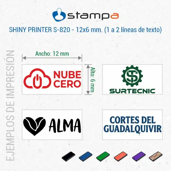 Shiny S-820 · 12×6 mm · Sello Mini con Tapa 5 Cuatro ejemplos del sello mini Shiny S-820 de 12x6 mm: logo nube tecnología en rojo, logo engranaje empresa técnica en verde, logo corazón marca personal en negro y texto empresa en azul