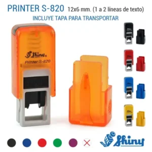 Sello automático mini Shiny Printer S-820 de 12x6 mm naranja transparente con tapa de transporte incluida en amplia variedad de colores