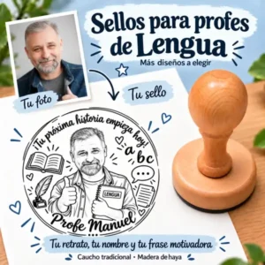 Sello profesor lengua personalizado con foto: retrato del profesor convertido en el sello Profe Manuel con montura de madera de haya