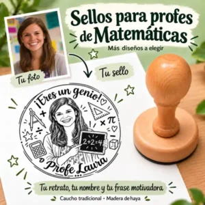 Sello profesor matemáticas personalizado con foto: retrato de la profesora convertido en el sello Profe Laura con montura de madera de haya