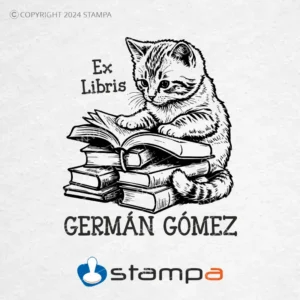 Sello Exlibris personalizado con diseño de gato lecto