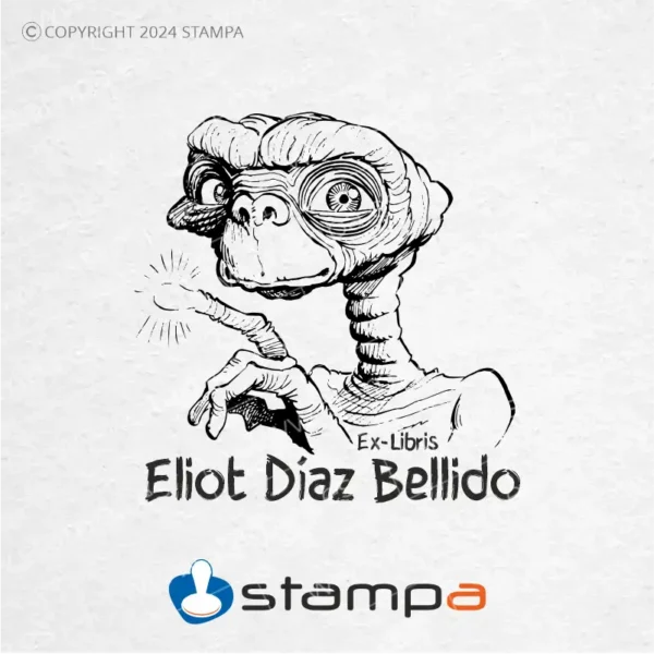 Sello Exlibris con nombre personalizado y diseño de E.T..