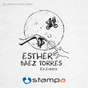 Sello Exlibris con E.T. y Elliot volando en bicicleta bajo la luna llena.