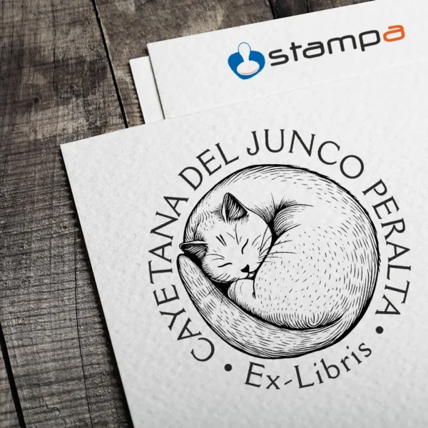 Sello Exlibris con ilustración de gato durmiendo y nombre personalizado