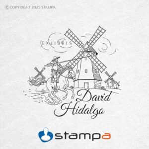 detalle del tamaño del sello ex libris Don Quijote y los molinos personalizado para libros