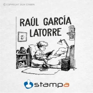 Ilustración vectorial para sello ex libris personalizado mostrando a un niño leyendo un libro sentado en su cama rodeado de juguetes.