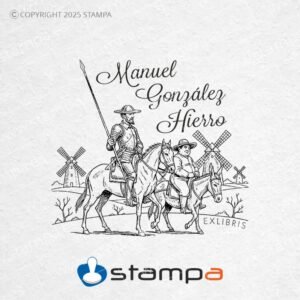 sello ex libris Don Quijote y Sancho personalizado estampado en el interior de un libro