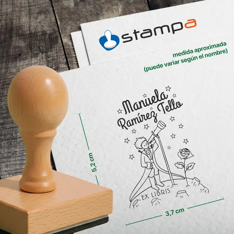 Sello madera Ex Libris Principito Estrellas medidas