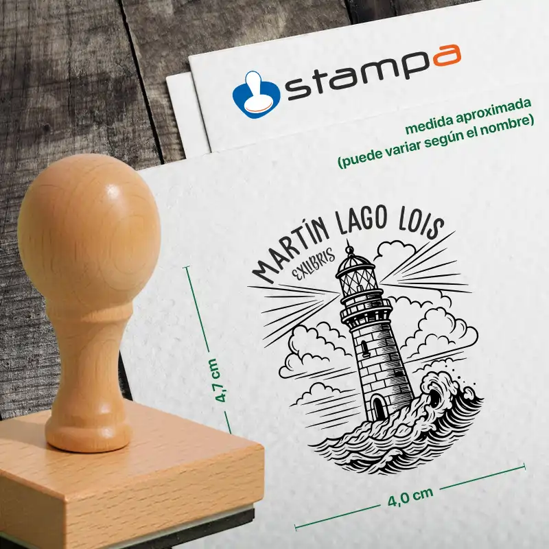 Sello madera Ex Libris Faro Náutico medidas