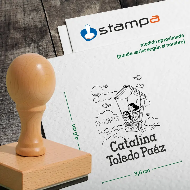 Sello madera Ex Libris Globo Libros medidas