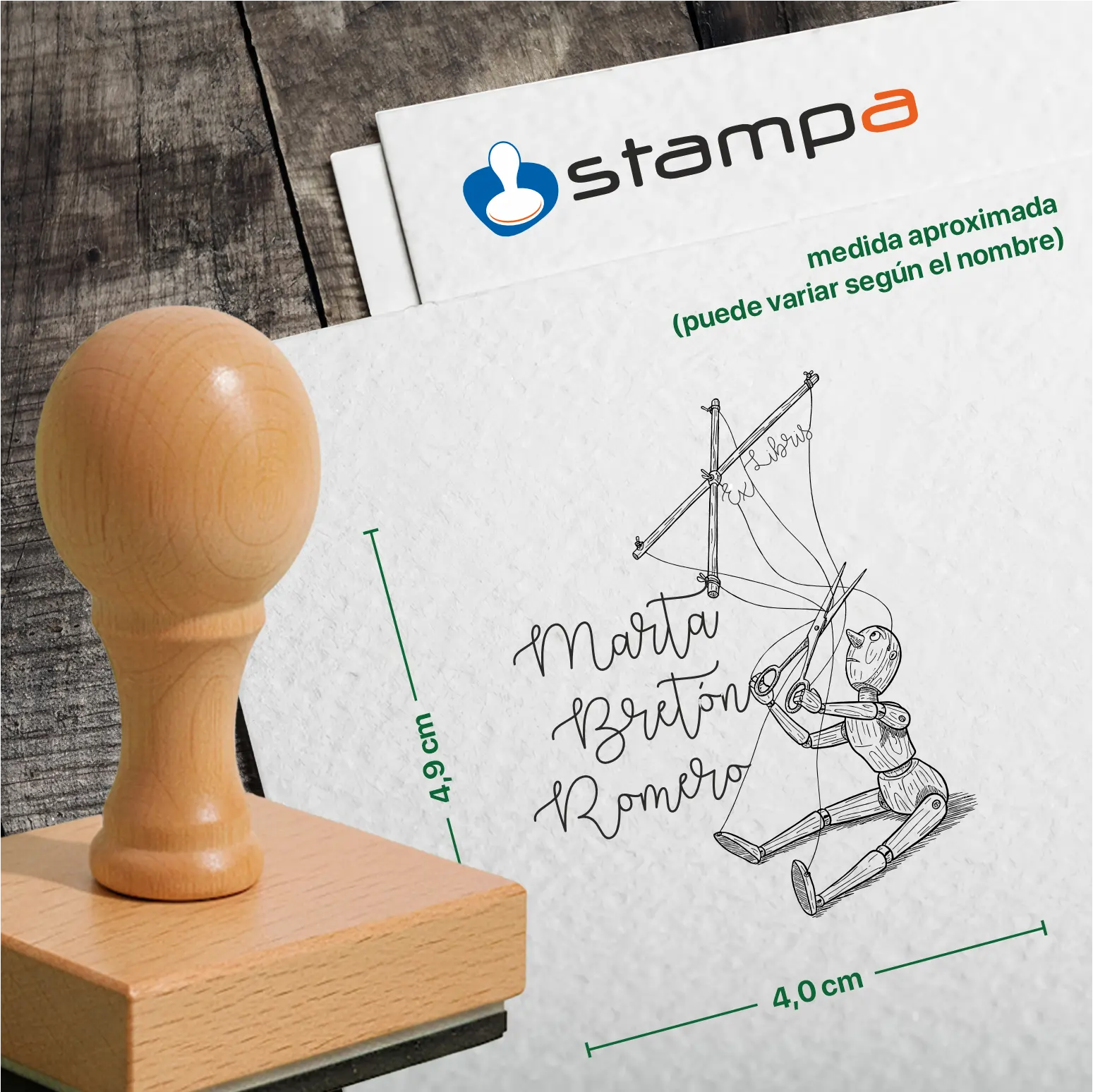 Sello madera Ex Libris Libertad Marioneta medidas
