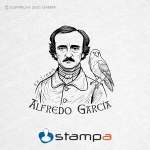 Diseño gráfico sello ex libris Edgar Allan Poe personalizado con cuervo y nombre