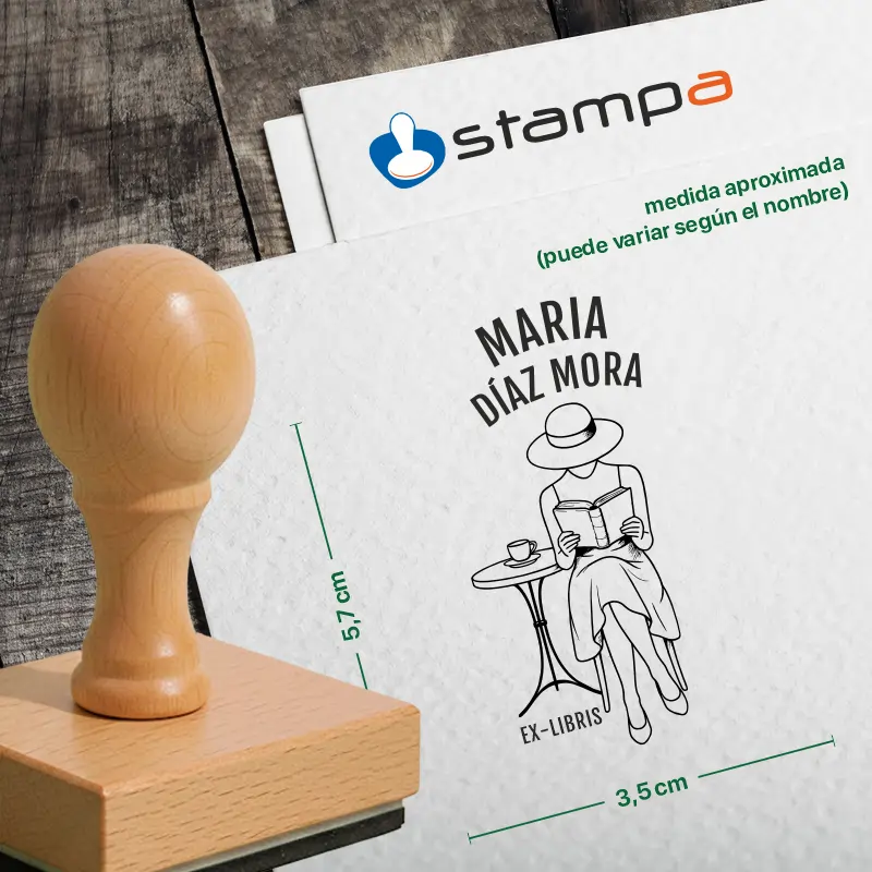 Sello madera Ex Libris Mujer Café medidas