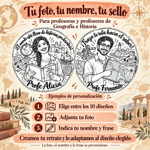 Sello Profesor Geografía e Historia · Ø40 mm · Con tu foto 2 Cómo personalizar el sello de profesor de Geografía e Historia en 3 pasos: elige diseño, adjunta tu foto e indica nombre y frase