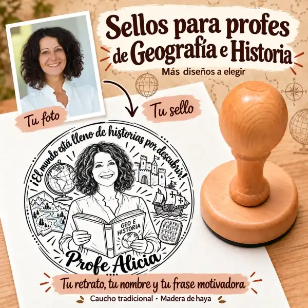 Sello Profesor Geografía e Historia · Ø40 mm · Con tu foto 1 Sello profesor geografía e historia personalizado con foto: retrato de la profesora convertido en el sello Profe Alicia con montura de madera de haya