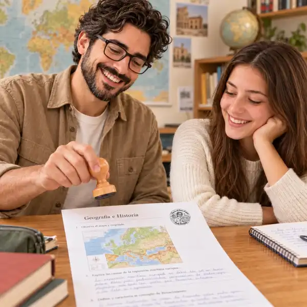 Sello Profesor Geografía e Historia · Ø40 mm · Con tu foto 5 Profesor estampando su sello personalizado de Geografía e Historia en un examen con mapa de Europa junto a una alumna sonriente