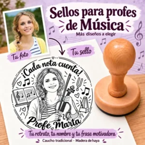 Sello profesor música personalizado con foto: retrato de la profesora convertido en el sello Profe Marta con violín y montura de madera de haya