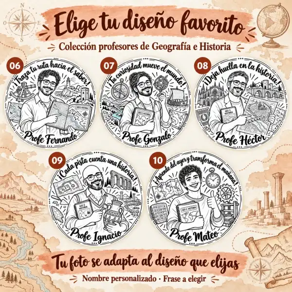 Sello Profesor Geografía e Historia · Ø40 mm · Con tu foto 3 Cinco diseños de sello profesor historia con foto: Profe Fernando, Gonzalo, Héctor, Ignacio y Mateo