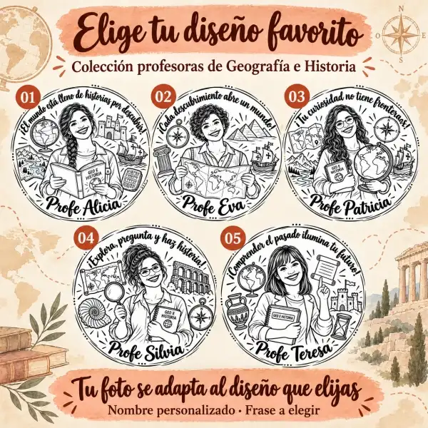 Sello Profesor Geografía e Historia · Ø40 mm · Con tu foto 4 Cinco diseños de sello profesora historia con foto: Profe Alicia, Eva, Patricia, Silvia y Teresa
